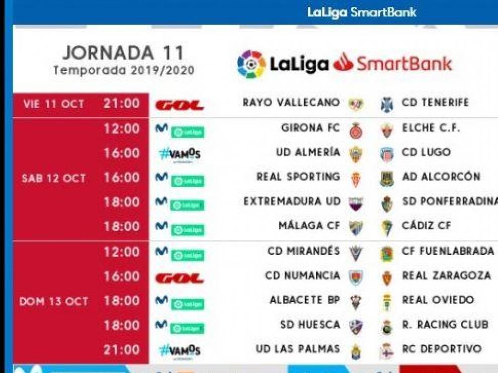 Horarios y fechas de la 11ª jornada, que llevará al Real Zaragoza a Soria para jugar ante el Numancia el domingo 13 de octubre a las 16.00.
