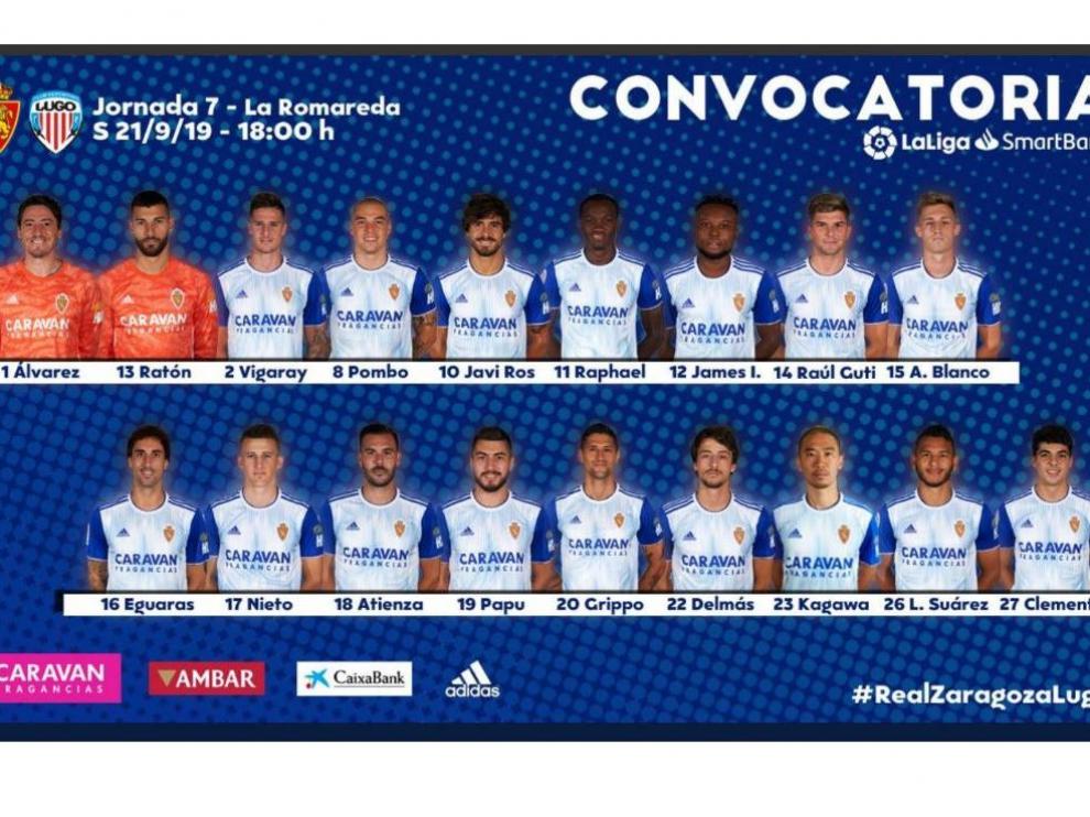 Lista de 18 citados para el Real Zaragoza-Lugo de este sábado en La Romareda (18.00).