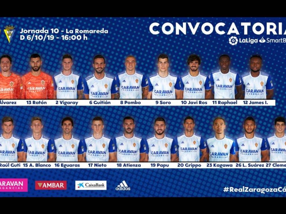 Lista de 19 convocados del Real Zaragoza para jugar este domingo ante el Cádiz en La Romareda.