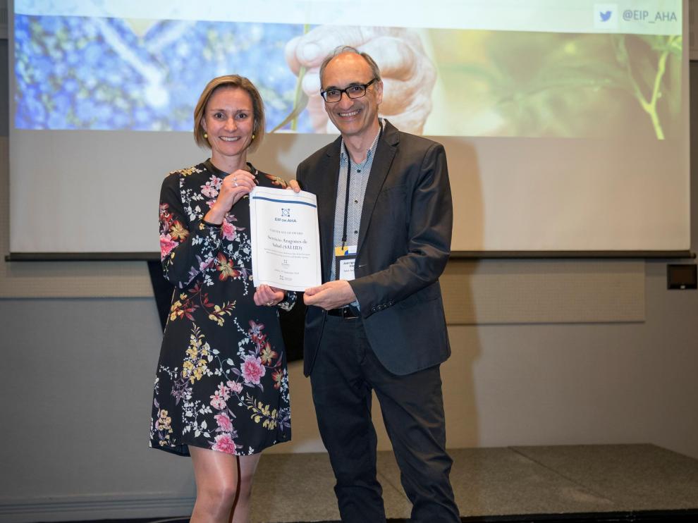 Birgit Morlion, de la Comisión Europea, entrega el premio a Juan Coll Clavero, responsable de Innovación y Nuevas Tecnologías.