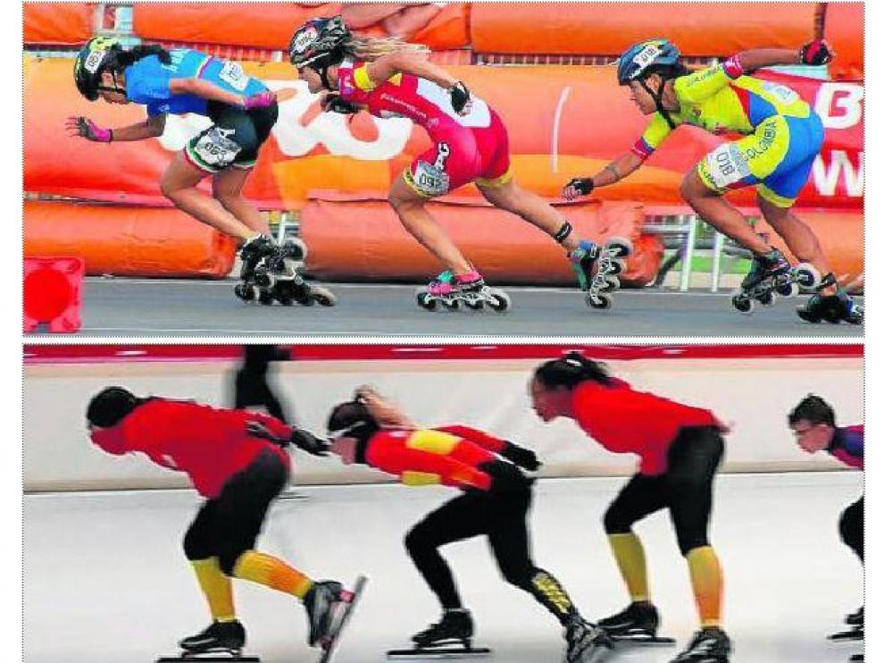 Nerea Langa (centro), en acción en el pasado Mundial de patinaje celebrado en Barcelona; abajo, la zaragozana (centro), en el entrenamiento celebrado en la localidad alemana de Inzell