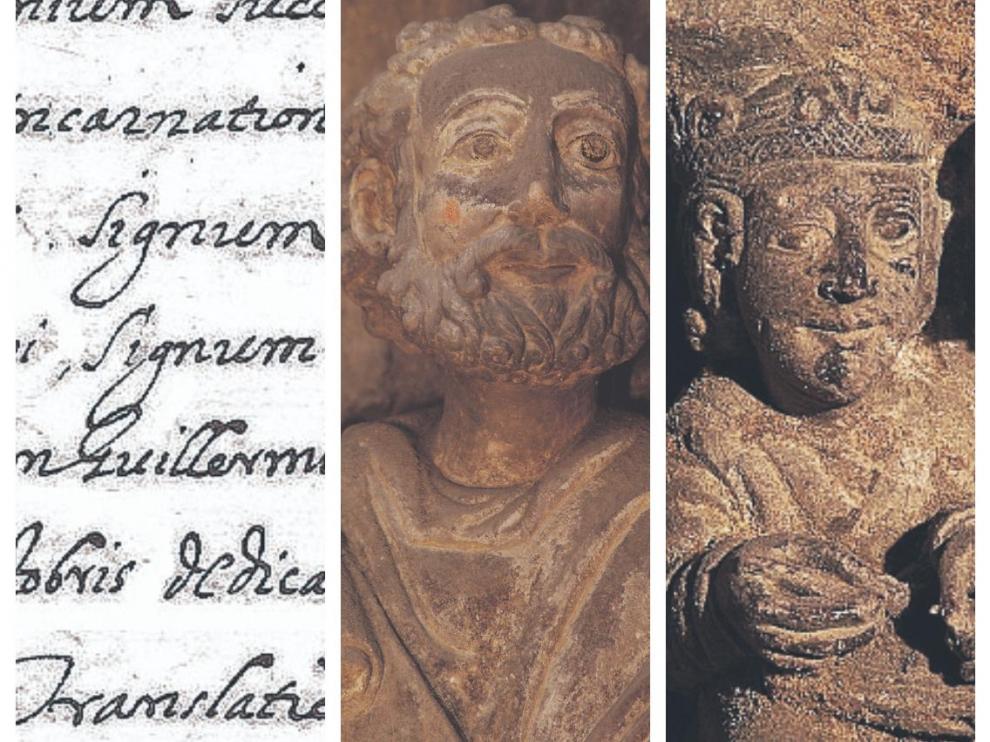 Detalle del manuscrito de Espés y tres detalles del ábside románico de la Seo.
