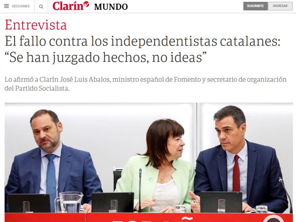 Entrevista al ministro José Luis Ábalos en el diario argentino Clarín.