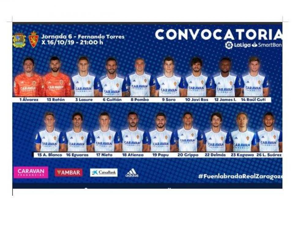 Lista de 18 convocados del Real Zaragoza para el viaje de este miércoles a Fuenlabrada.