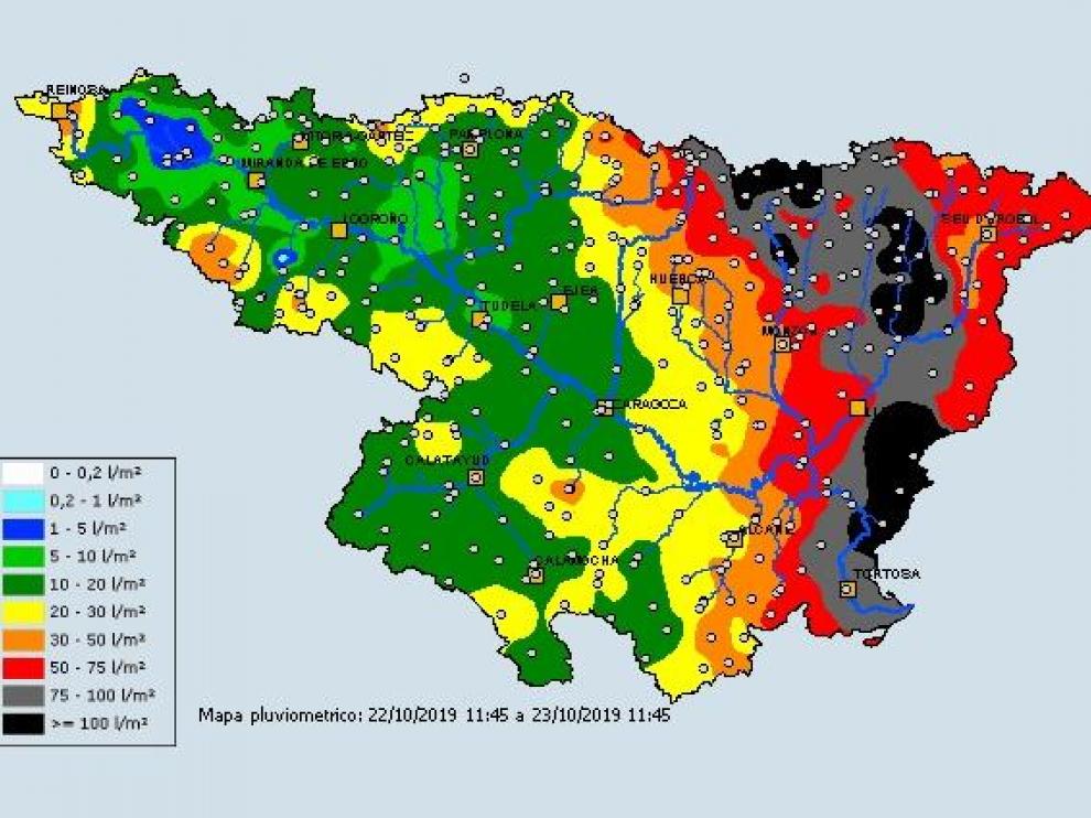 Mapa de las precipitaciones registradas en las últimas 24 horas en la demarcación de la Confederación Hidrográfica del Ebro.