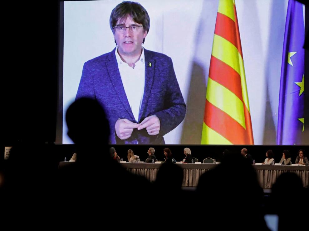 Puigdemont, durante su intervención por videoconferencia desde Bélgica.