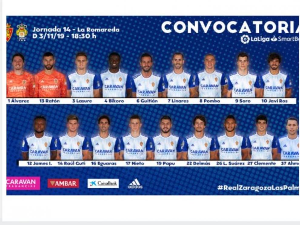 Convocatoria para el partido Real Zaragoza-Las Palmas de la 14ª jornada de Segunda División