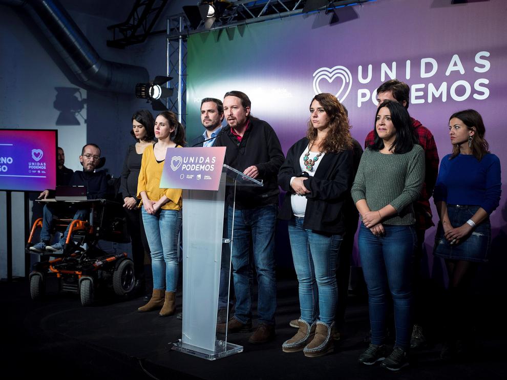 Pablo Iglesias y otros representantes de Unidas Podemos tras los resultados electorales.