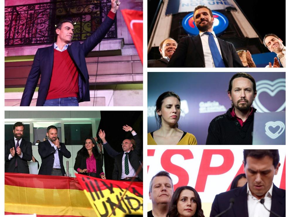 Representantes del PSOE, Vox, , PP, Unidas Podemos y Cs tras el escrutinio