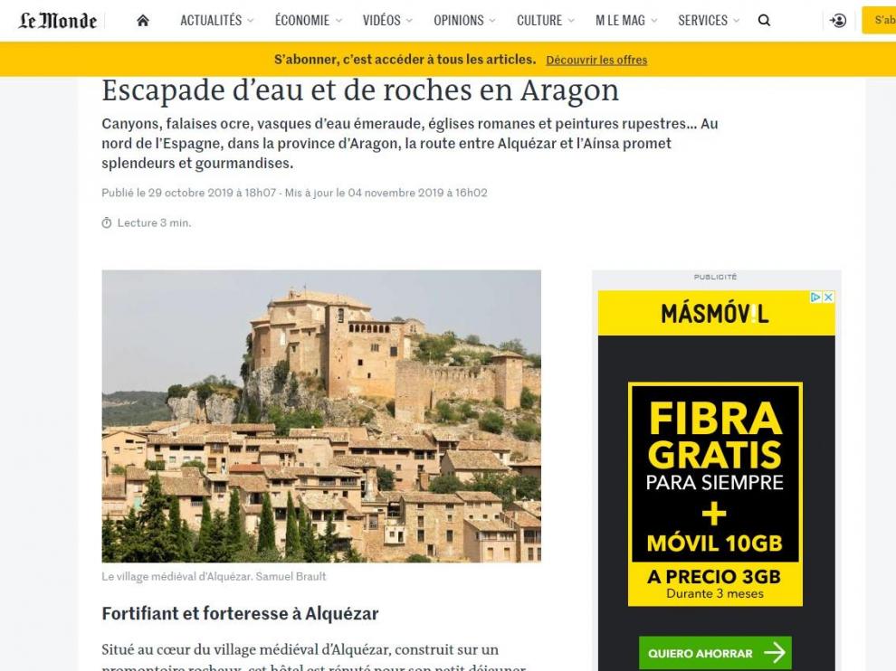 Artículo que 'Le Monde' dedica a una ruta entre Alquézar y Laspuña.