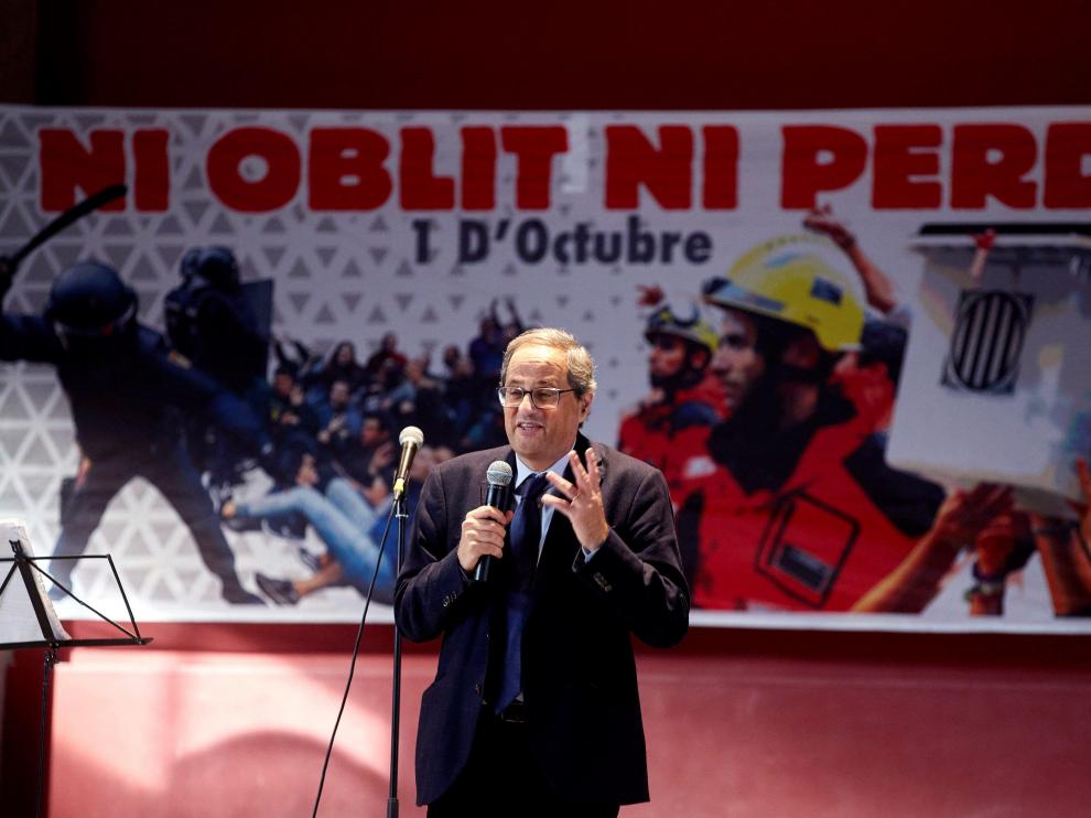 El presidente de la Generalitat, Quim Torra, durante su comparecencia en el 'almuerzo amarillo'.