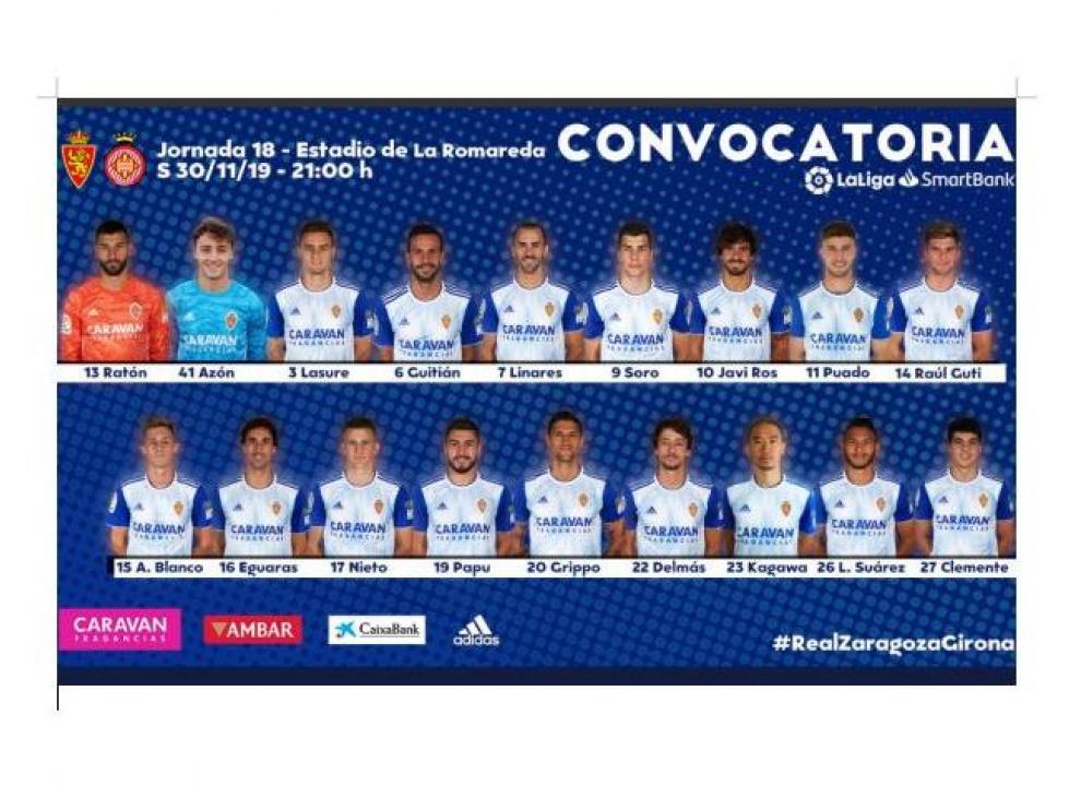 Los 18 convocados del Real Zaragoza para el partido de este sábado ante el Girona en La Romareda.