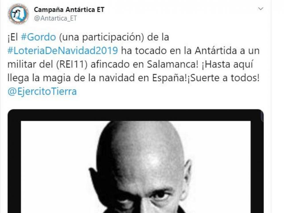 Captura del tuit publicado por la Campaña Antártica del Ejército de Tierra que anunciaba el premio..