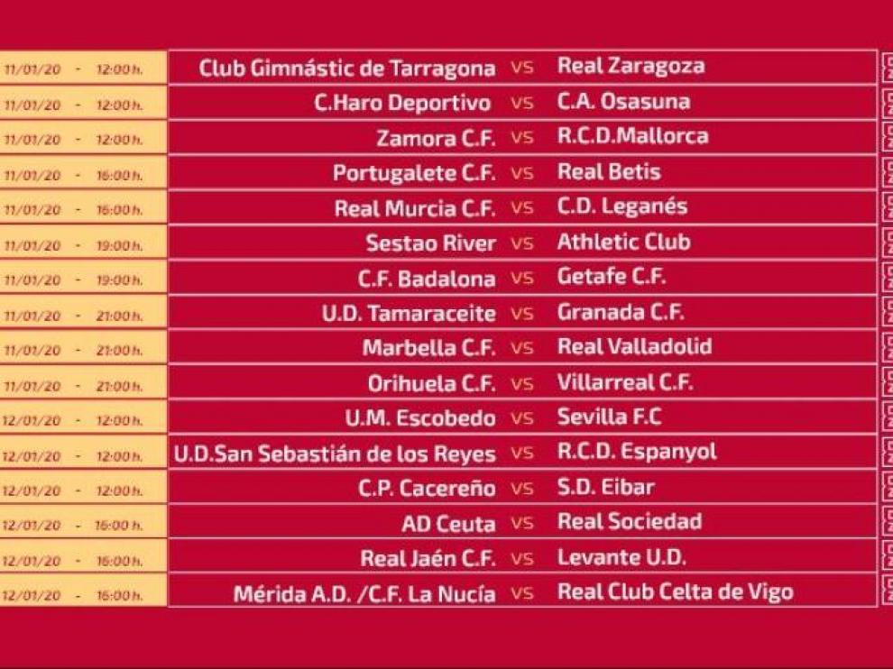 Horarios de las 16 eliminatorias de Copa del Rey que ha dado a conocer la RFEF en la mañana del lunes.