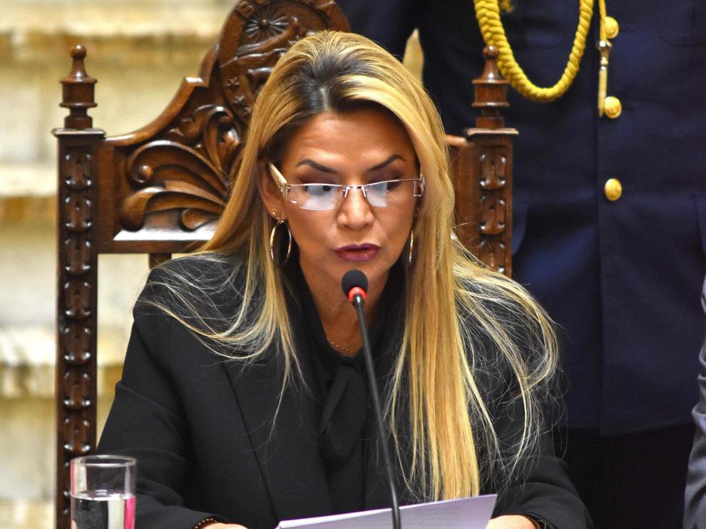 La presidenta de Bolivia, en el acto donde declaraba persona non grata a varios diplomáticos españoles.