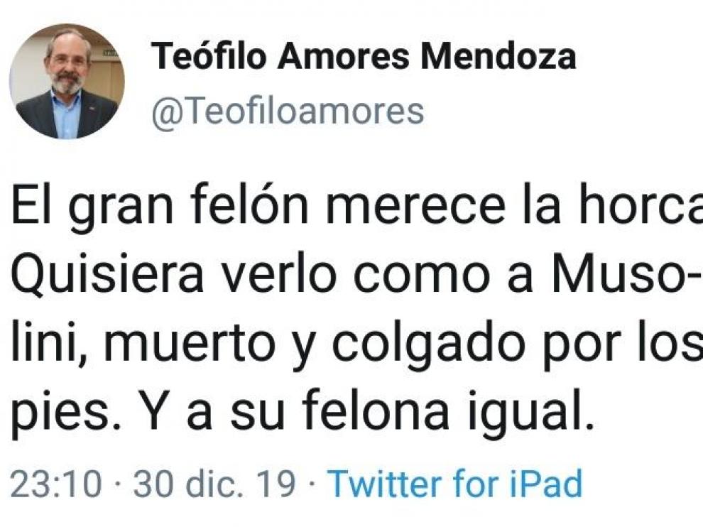 Mensaje publicado en la cuenta de Teófilo Amores, exconcejal de Vox por Cáceres, en alusión a Pedro Sánchez.