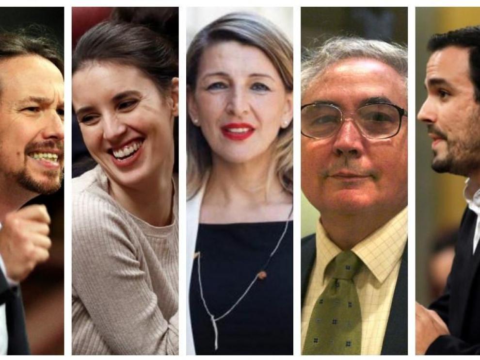 De izquierda a derecha, Pablo Iglesias, Irene Montero, Yolanda Díaz, Manuel Castells y Alberto Garzón.