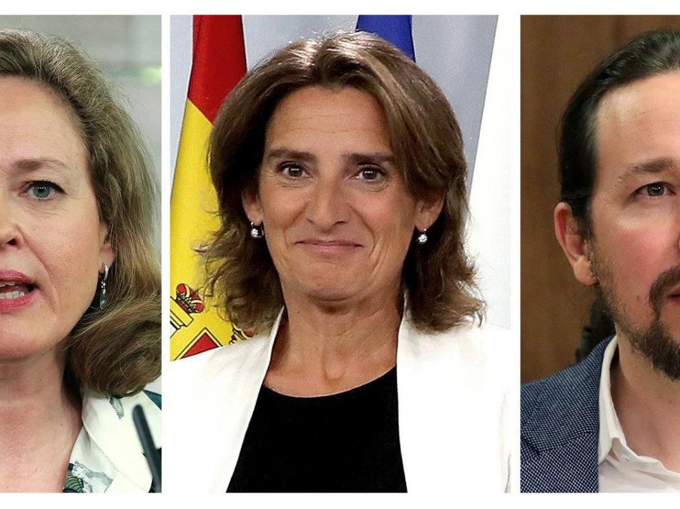 Carmen Calvo, Nadia Calviño, Teresa Ribera y Pablo Iglesias