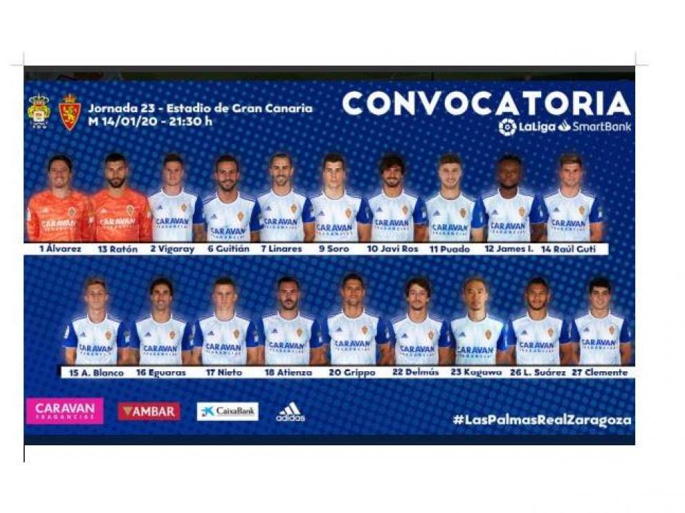 Lista de convocados del Real Zaragoza para el viaje a Las Palmas, con los 19 disponibles incluidos.
