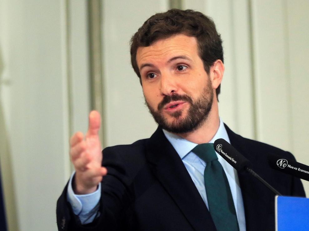 Pablo Casado, en un desayuno informativo este lunes.