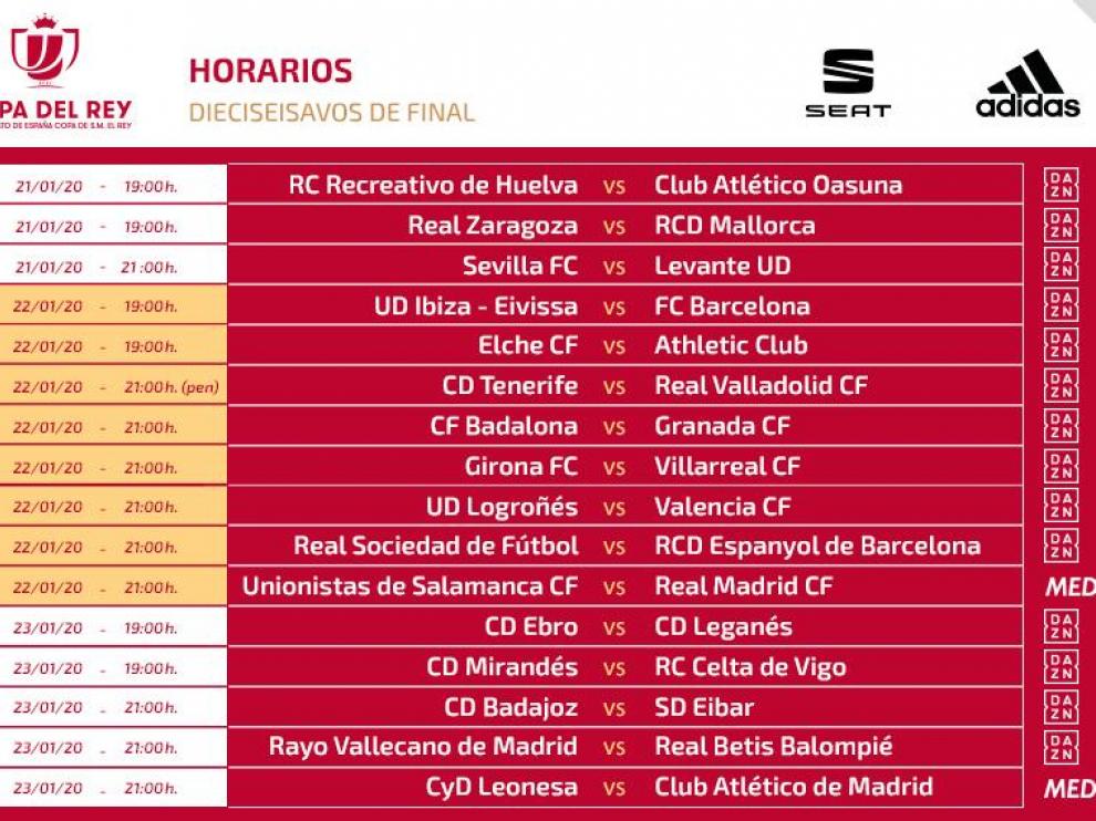 Horarios y televisiones de los dieciseisavos de la Copa del Rey.