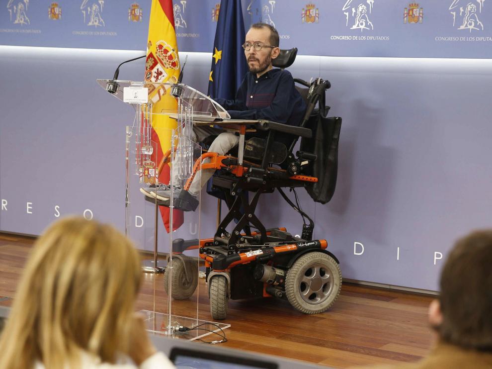 Pablo Echenique, este miércoles, en su primera rueda de prensa como portavoz de Unidas Podemos en el Congreso.