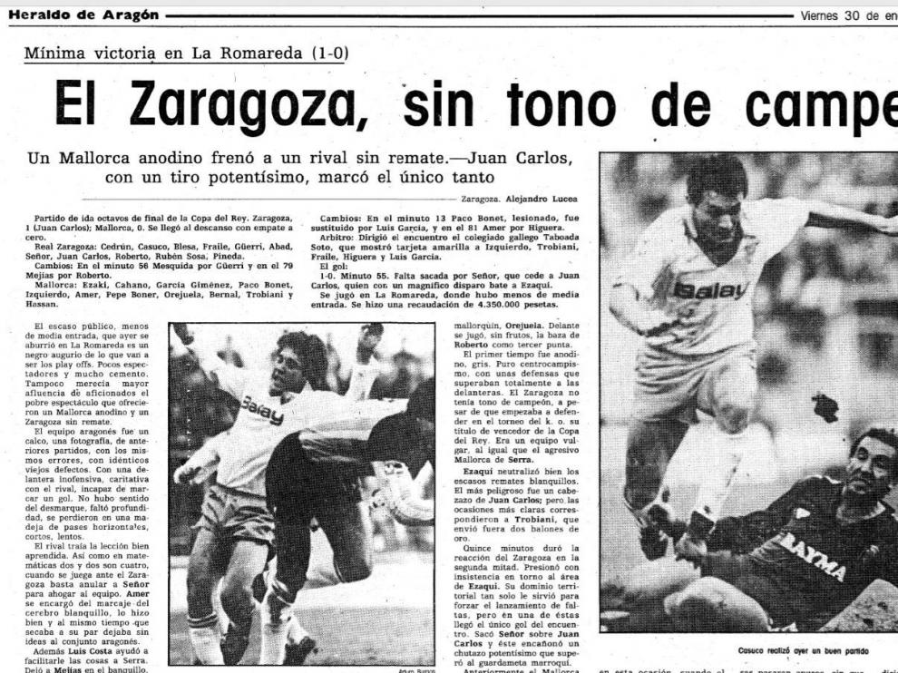 Cabecera de la crónica del partido Real Zaragoza-Real Mallorca de Copa del Rey jugado el 29 de enero de 1987 en La Romareda, el precedente de el de este martes, 21 de enero de 2020.