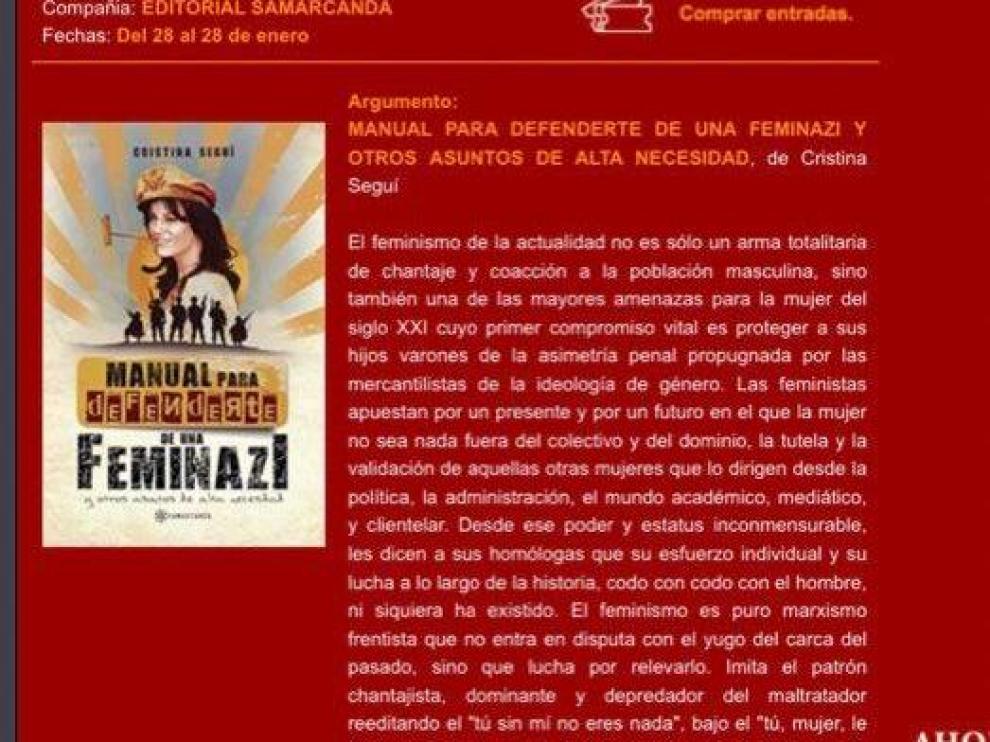 El anuncio de la presentación del libro de Cristina Seguí que ha sido retirado de la página web del Teatro Principal.