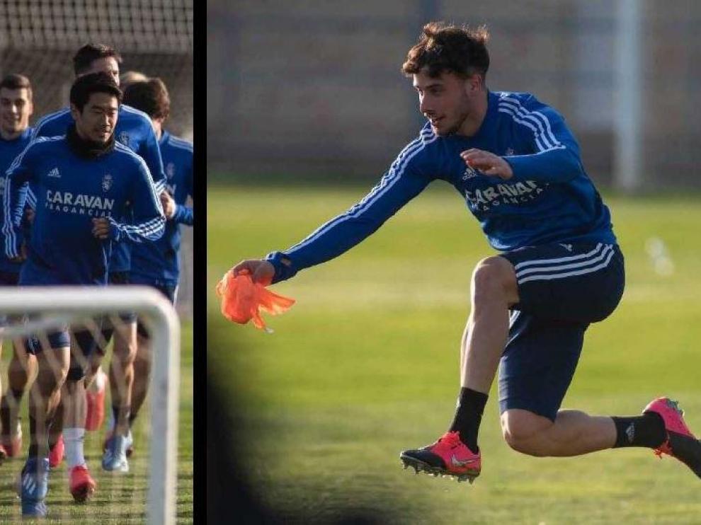 Kagawa y Puado, en el entrenamiento de este viernes, previo a jugar ante el Fuenlabrada en La Romareda.