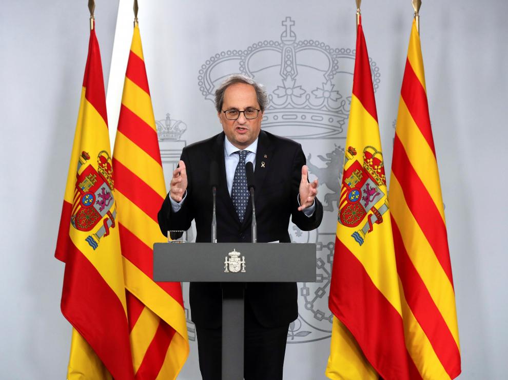 Quim Torra durante la rueda de prensa tras la reunión de la mesa de diálogo bilateral entre el Gobierno y la Generalitat .
