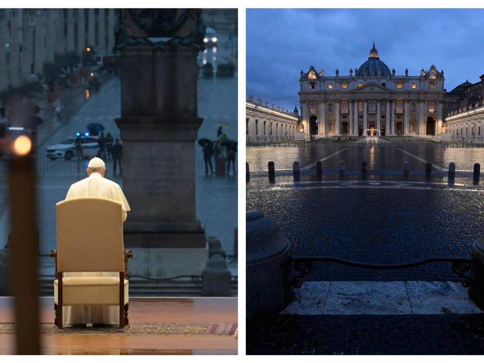 El papa Francisco rezando ante una plaza de San Pedro vacía
