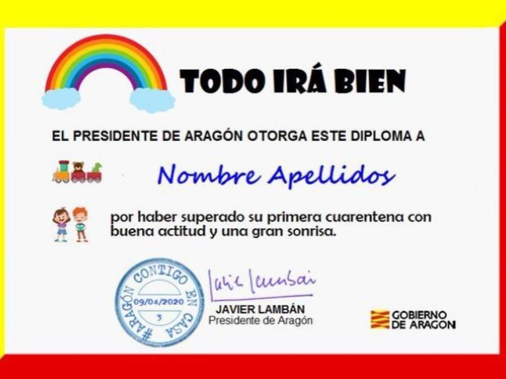 Diploma de Lambán a los niños de Aragón por superar la primera cuarentena con buena actitud.