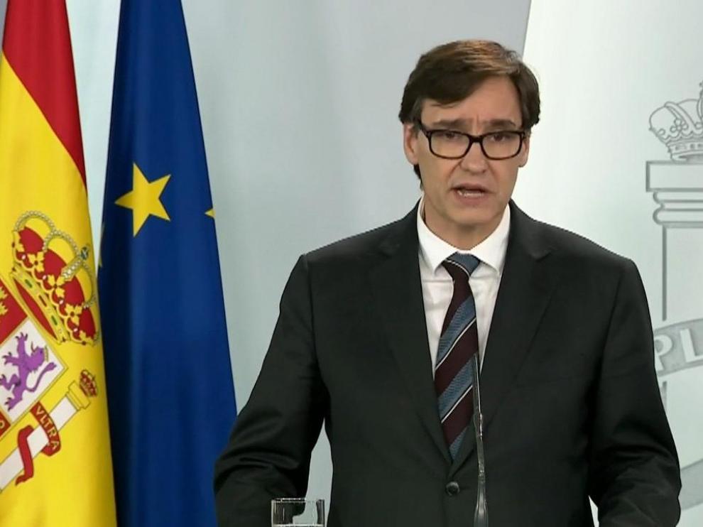 El ministro de Sanidad, Salvador Illa, este sábado en rueda de prensa en la Moncloa.