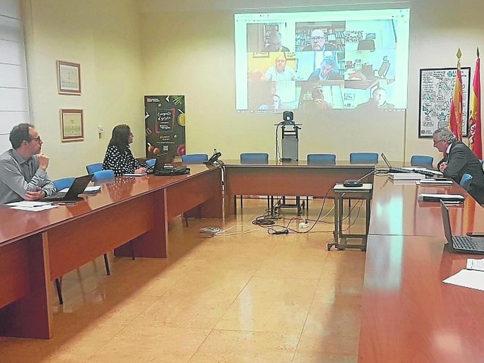 El consejero de Agricultura y miembros de su equipo, en videoconferencia con representantes del sector.