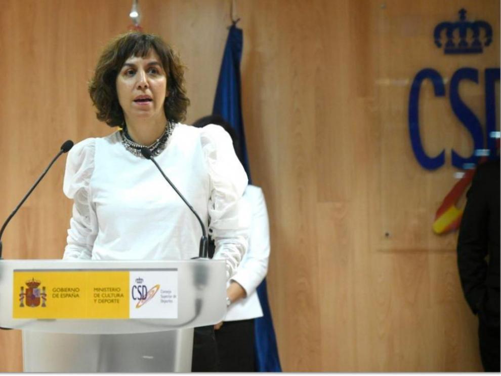 Irene Lozano, presidenta del Consejo Superior de Deportes, en una rueda de prensa en el Ministerio de Cultura y Deporte.