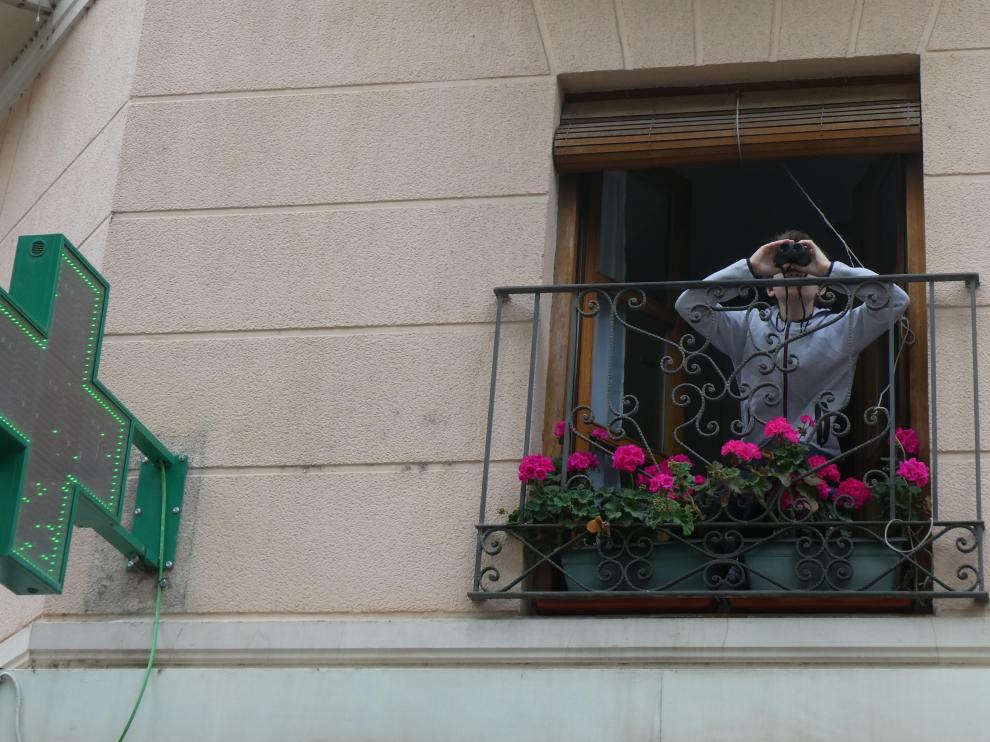 Un niño observando pájaros desde el balcón de su casa.