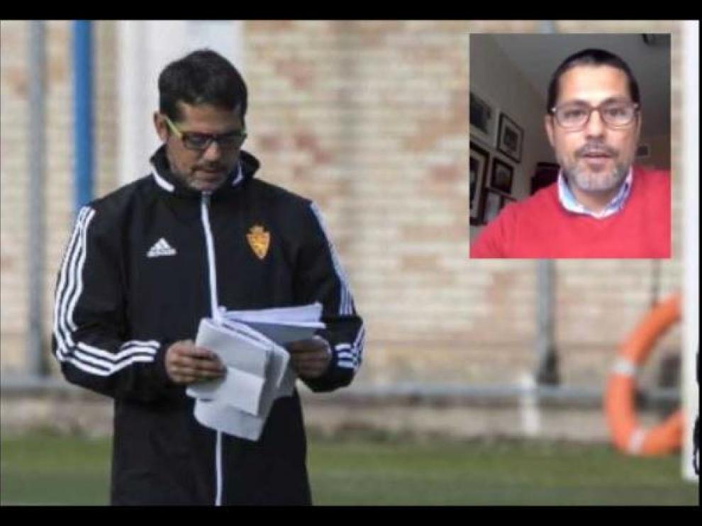 José Luis R. Loreto, en uno de los entrenamientos del Real Zaragoza previos a la suspensión de la liga. En el cuadrado, en su intervención por videollamada para transmitir sus declaraciones a través del club.