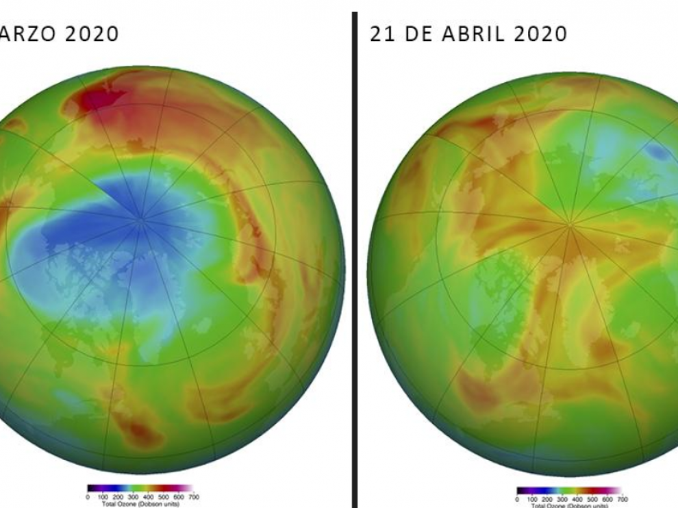 Comparatica de los niveles de ozono en el Ártico el día 29 de marzo y 21 de abril de 2020.