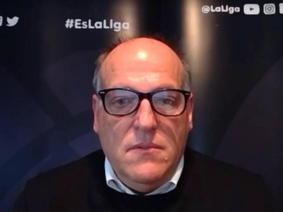 Javier Tebas, a última hora de la tarde de este viernes, durante la charla por videoconferencia que ofreció bajo la organización de ADAE (Asociación de directivos y ejecutivos de Aragón).