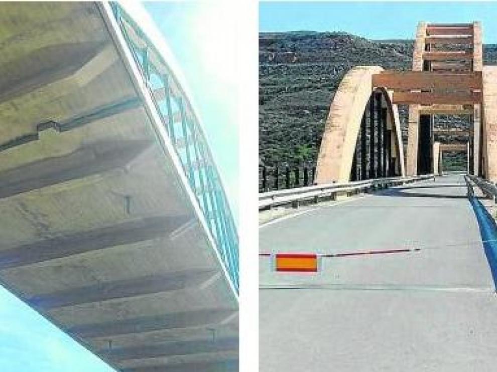 El puente de Sástago está cortado al tráfico desde principios de marzo tras hundirse el tablero unos 25 centímetros en la arcada central, como se aprecia en la fotografía de la izquierda. dga