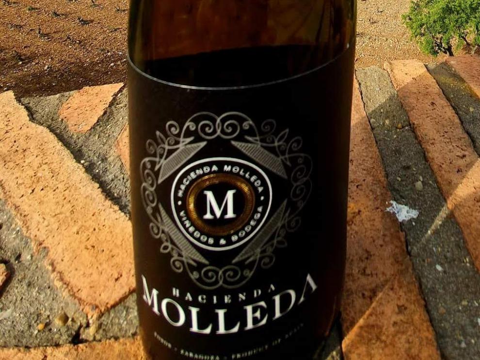 Botella de Hacienda Molleda Garnacha Blanca, en la finca de la bodega.