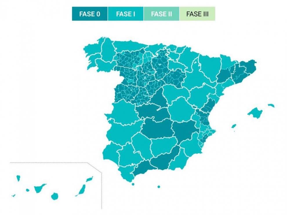 En verde claro las provincias que pasan a la fase 1 de la desescalada
