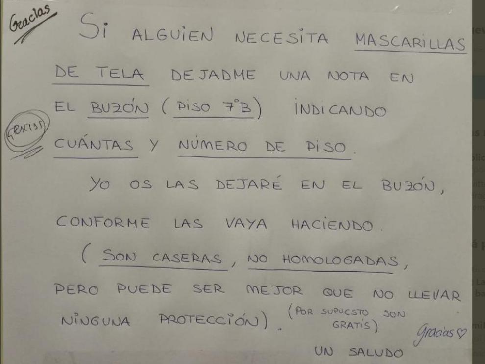 Carta ofreciendo mascarillas gratuitas.