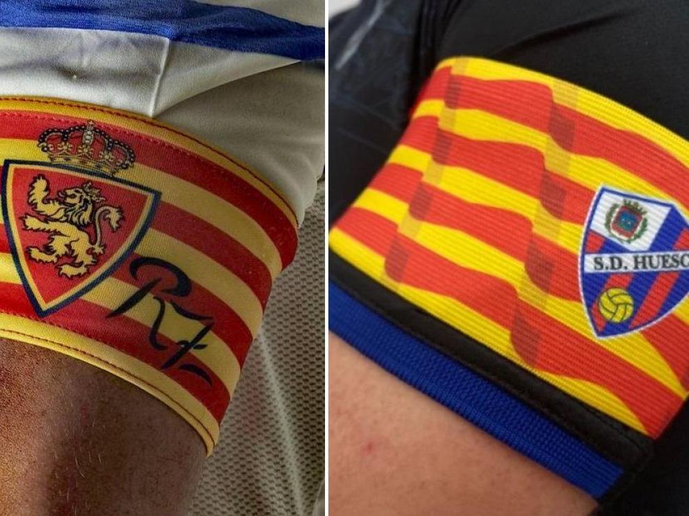 Los brazaletes de capitán del Real Zaragoza y la SD Huesca para el derbi.