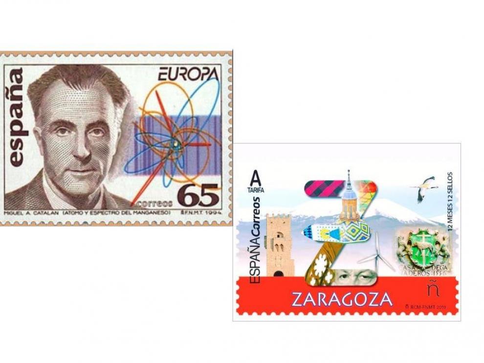 A la izquierda, serie Europa. Descubrimientos (1994). A la derecha, serie 12 meses, 12 sellos (2019).