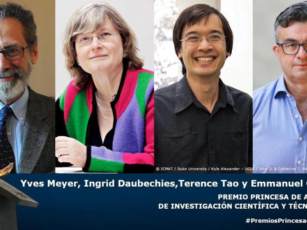 Los matemáticos Yves Meyer (francés), Ingrid Daubechies (belga y estadounidense), Terence Tao (australiano y estadounidense) y Emmanuel Candès (francés).