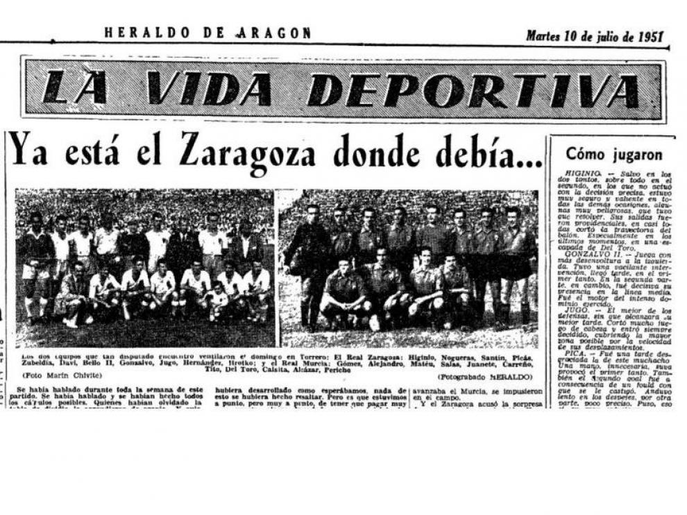 Apertura de la sección de Deportes de HERALDO DE ARAGÓN el martes 10 de julio de 1951. El Real Zaragoza acababa de ascender al ganar 3-2 al Real Murcia en Torrero.
