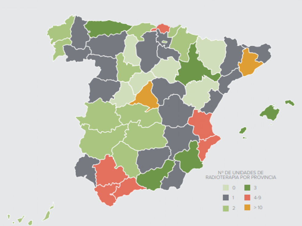 Número de unidades de radioterapia por provincia. AECC y SEOR