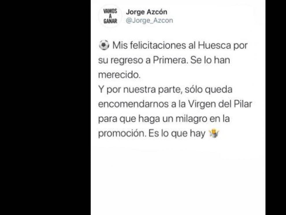 Captura de Twitter del tuit del alcalde de Zaragoza, Jorge Azcón.