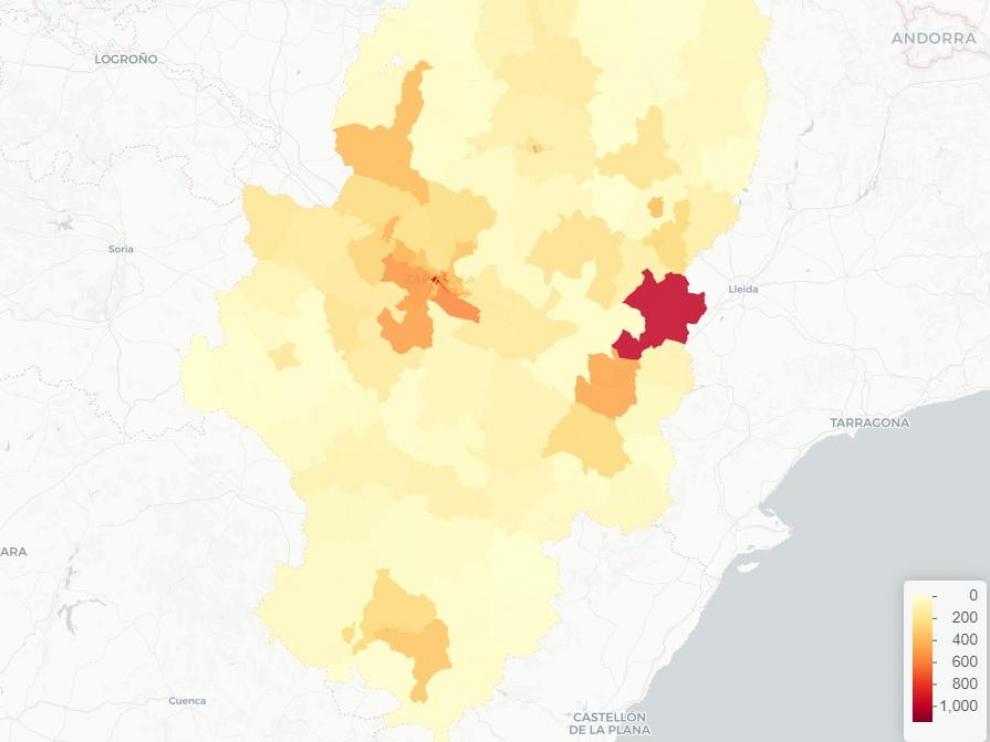 Mapa de Aragón con las zonas con más casos de la covid-19 desde el comienzo de la pandemia